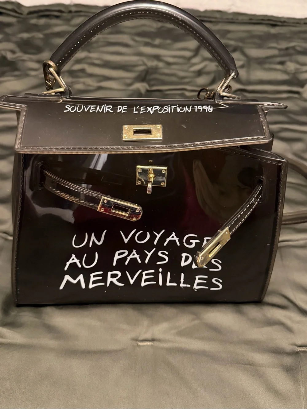 Black Patent Satchel with White Script Detailing